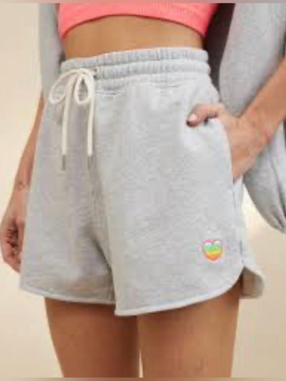 New Aerie High Waisted Shorts Rainbow Heart Patch Pockets In Light Gray Size XS